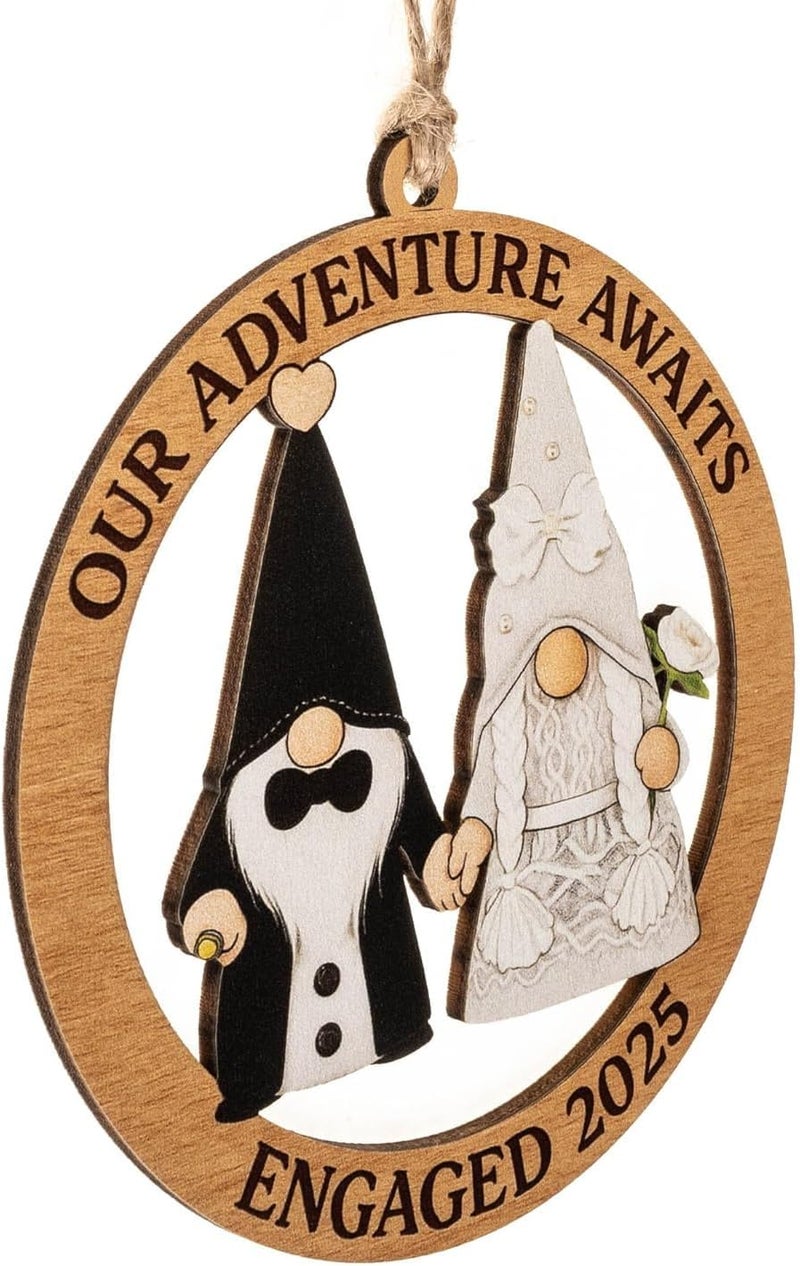 NELXI Engagement Ornament, Gnome Ornaments, Gnome Gifts for Women, Wedding Ornaments, Our Adventure Awaits Engaged 2025 Wooden Keepsake, Handmade Couple Christmas Decoration, Engagement Gifts Ready to Gift - Image 2